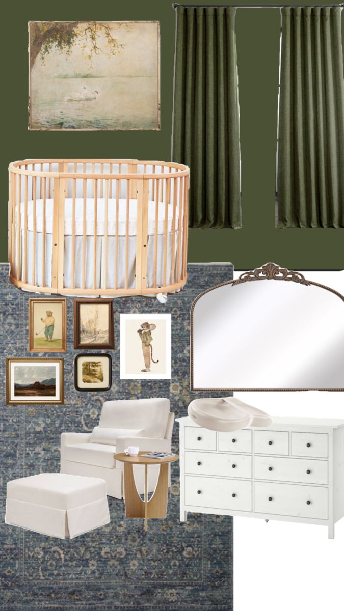 a baby's room with green walls and pictures on the wall, including a crib