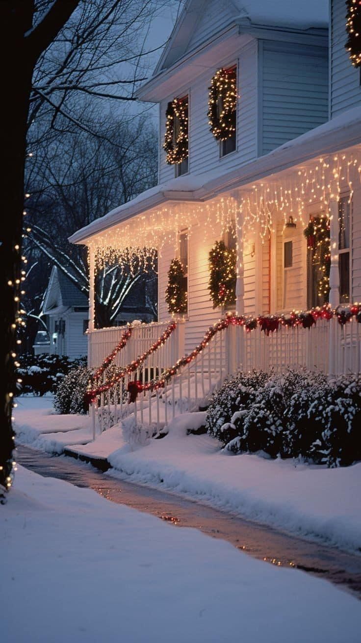 a white house covered in christmas lights and wreaths