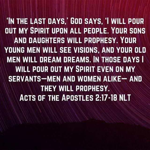 an image with the words, in the last days god says i will pour out my spirit upon all people