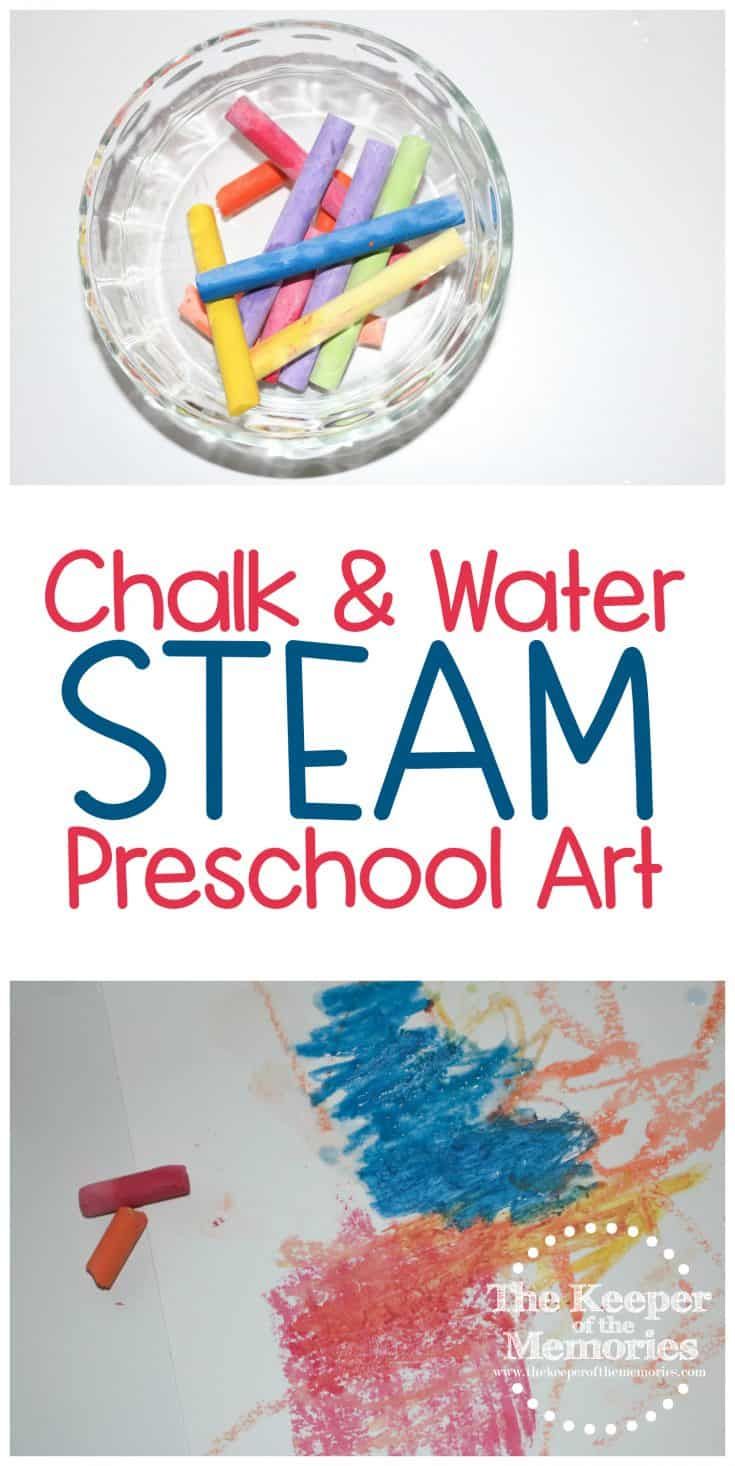 chalk and water steam preschool art project for kids to do with colored crayons