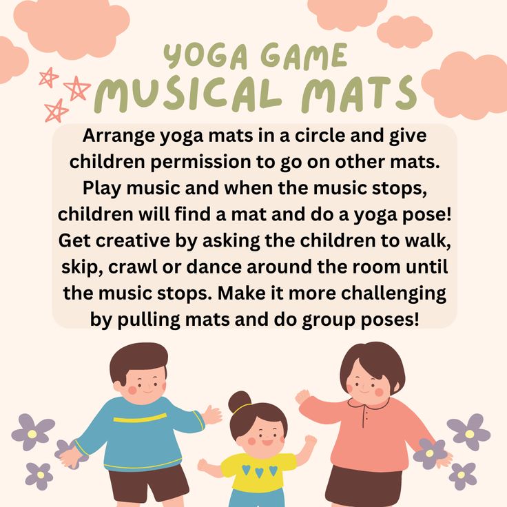 a poster with an image of two children and the words yoga game musical mats