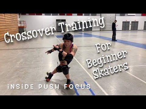 a person riding a skateboard on top of a hard surface covered floor with text reading crossover training for beginner skaters inside push focus