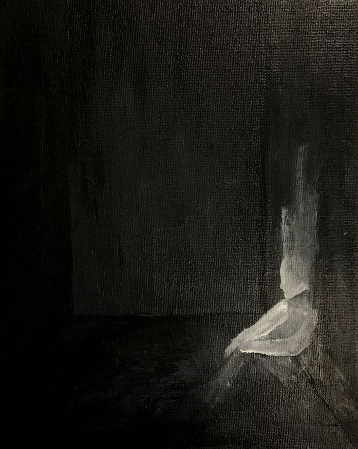 a black and white painting of a person sitting in a dark room with their feet on the floor