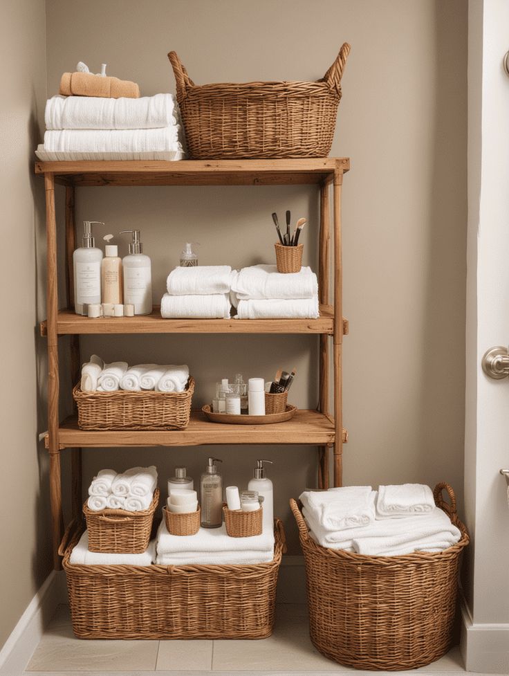 a bathroom with baskets and towels on the shelves, along with toiletries in wicker baskets