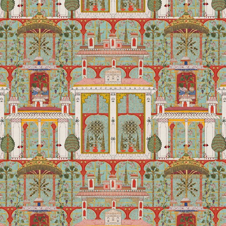 a colorful wallpaper pattern with trees and buildings