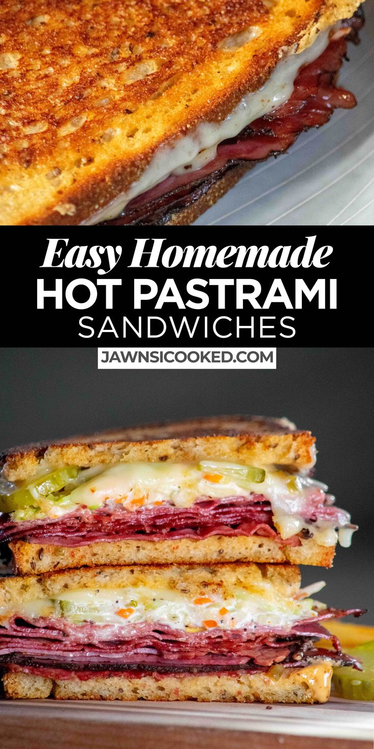 the sandwich is cut in half and stacked on top of each other with text overlay that reads easy homemade hot pasta sandwiches