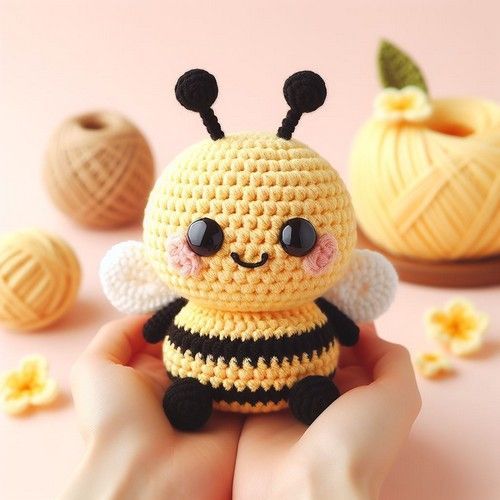 a crocheted bee sitting on top of a persons hand next to balls of yarn