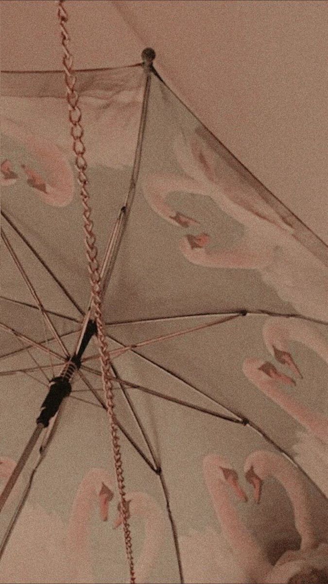 an open umbrella with swans on it and chains hanging from the handle, in sepia tone