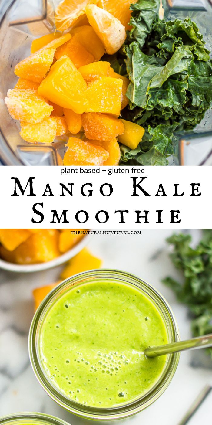 mango kale smoothie in a blender with oranges and spinach on the side