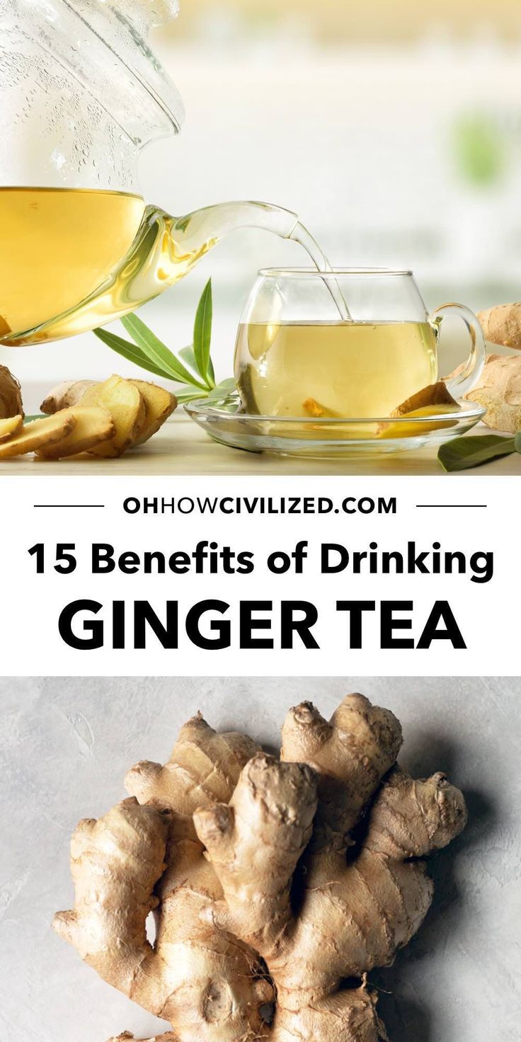 ginger tea with the words 15 benefits of drinking ginger tea on top and below it