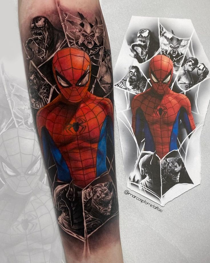 a man with a spiderman tattoo on his arm