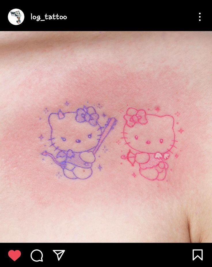 two tattoos on the back of a woman's chest with hello kitty and baseball bat