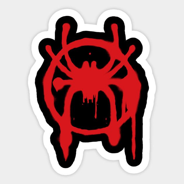 a red and black spider logo sticker on a white background with the word,