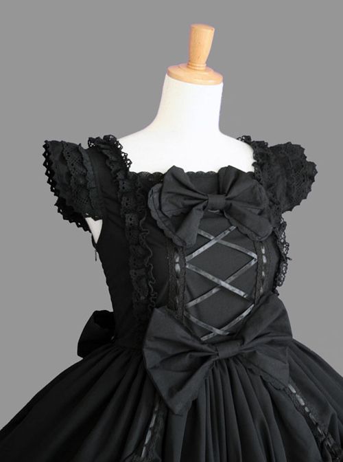 Cotton Black Lace Bowknot Gothic Lolita Sleeveless Dress Sleeveless Black Corset Dress For Halloween, Gothic Black Sleeveless Corset Dress, Black Gothic Sleeveless Corset Dress, Black Sleeveless Gothic Corset Dress, Elegant Sleeveless Cosplay Dress, Elegant Sleeveless Dress For Cosplay, Black Sleeveless Dress With Bow Straps, Black Bow Dress For Costume Party, Black Dress With Bow For Costume Party