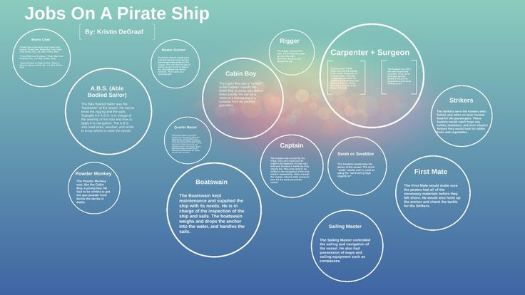 the jobs on a pirate ship info sheet is shown in blue and green tones with white circles