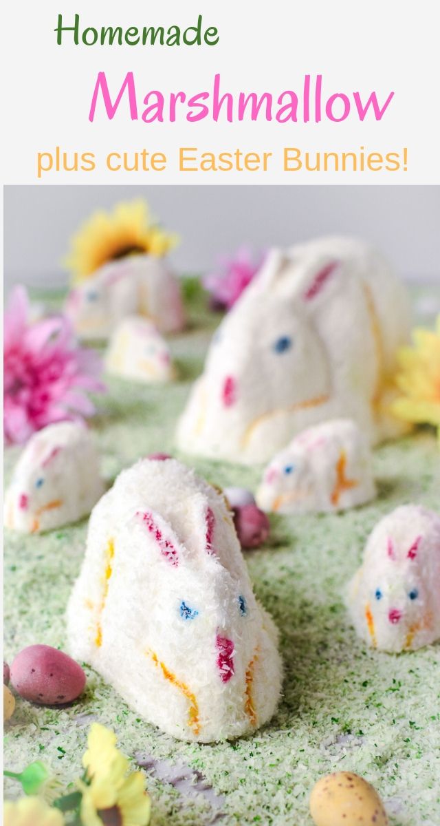 homemade marshmallow easter bunnies on a plate with flowers and eggs in the background