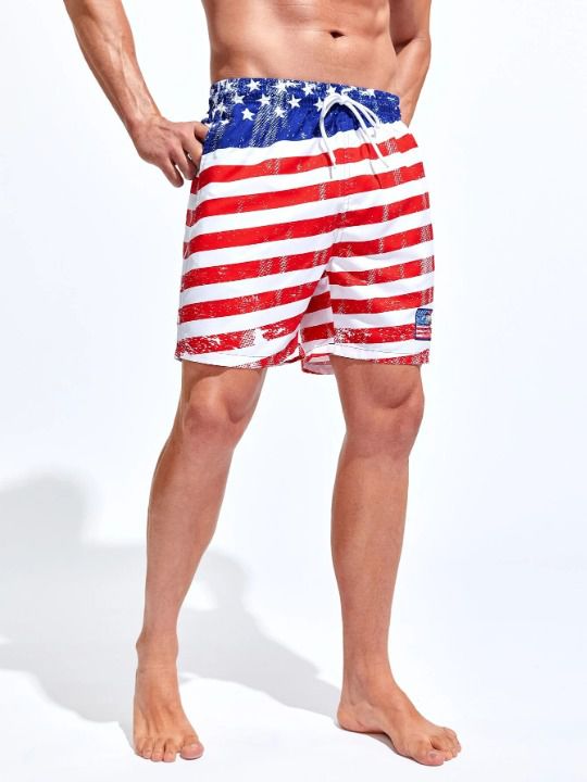 Celebrate your patriotism in style with our American Flag Print Swim Shorts. Crafted with care, these swim shorts showcase a vibrant and eye-catching design that proudly displays the stars and stripes of the American flag. Details: Pattern Type: Striped, Flag Details: Drawstring Type: Bottoms Bottom Type: Shorts Fabric: Non-Stretch Composition: 100% Polyester Care Instructions: Machine wash, do not dry clean Size Chart (Inches): Size US Bottoms Length Hip Size Waist Size S 36 16.9 41.7 29.1-40.9 Beach Shorts With Flag Print, Casual Beach Shorts With Flag Print, Short Shorts For 4th Of July Beach Events, Shorts For 4th Of July Beach Events, 4th Of July Beach Shorts, White Beach Bottoms For 4th Of July, Casual 4th Of July Swimwear For Vacation, White Bottoms For 4th Of July Beach Outing, Casual Swimwear For 4th Of July Vacation