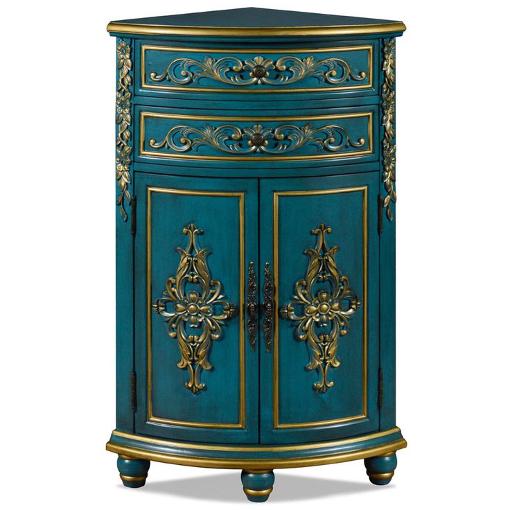 an ornate blue cabinet with gold accents