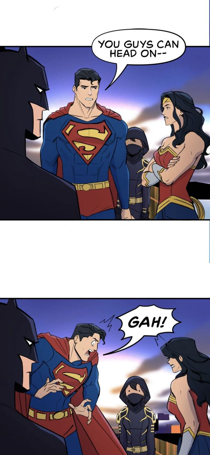 two comics with supermans and batmangirls talking to each other