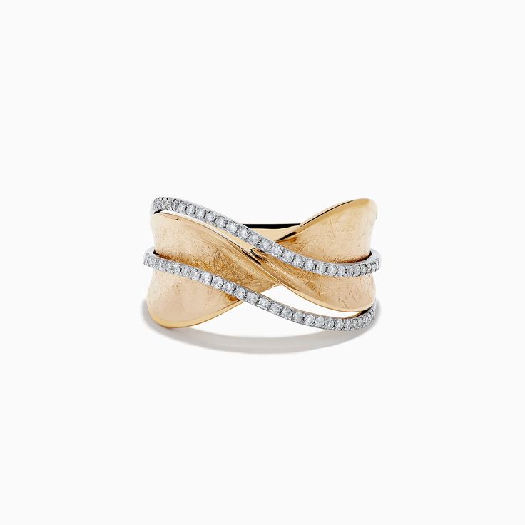 Effy D'Oro 14K Textured Gold Diamond Crossover Ring Elegant Wide Band Ring Stamped 14k, Elegant Yellow Gold Wide Band Ring With Pave Setting, Elegant Yellow Gold Wide Band Ring With Brilliant Cut, Elegant Brilliant Cut Wide Band Yellow Gold Ring, Elegant 14k Stamped Wide Band Ring, Diamond Crossover Ring, Crossover Diamond Ring, Criss Cross Ring, Crossover Ring