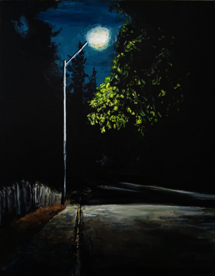 a painting of a street light at night with the moon in the sky above it