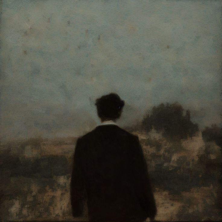 a painting of a man standing in front of a field