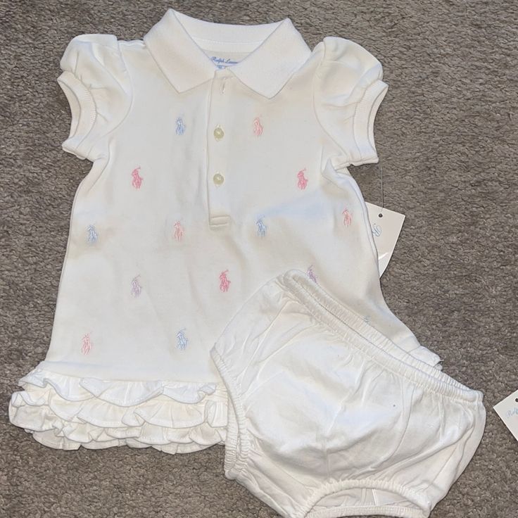 Nwt Embroidered Dress Size 3m White Long Sleeve Ralph Lauren Dress, Ralph Lauren Long Sleeve White Dress, Ralph Lauren White Long Sleeve Dress, Cute Embroidered Fitted Sets, Cute White Sets With Floral Embroidery, White Cotton Sets With Embroidered Hem, Cute White Floral Embroidered Sets, Cute White Floral Embroidery Sets, Cute Ruffled Ralph Lauren Dresses