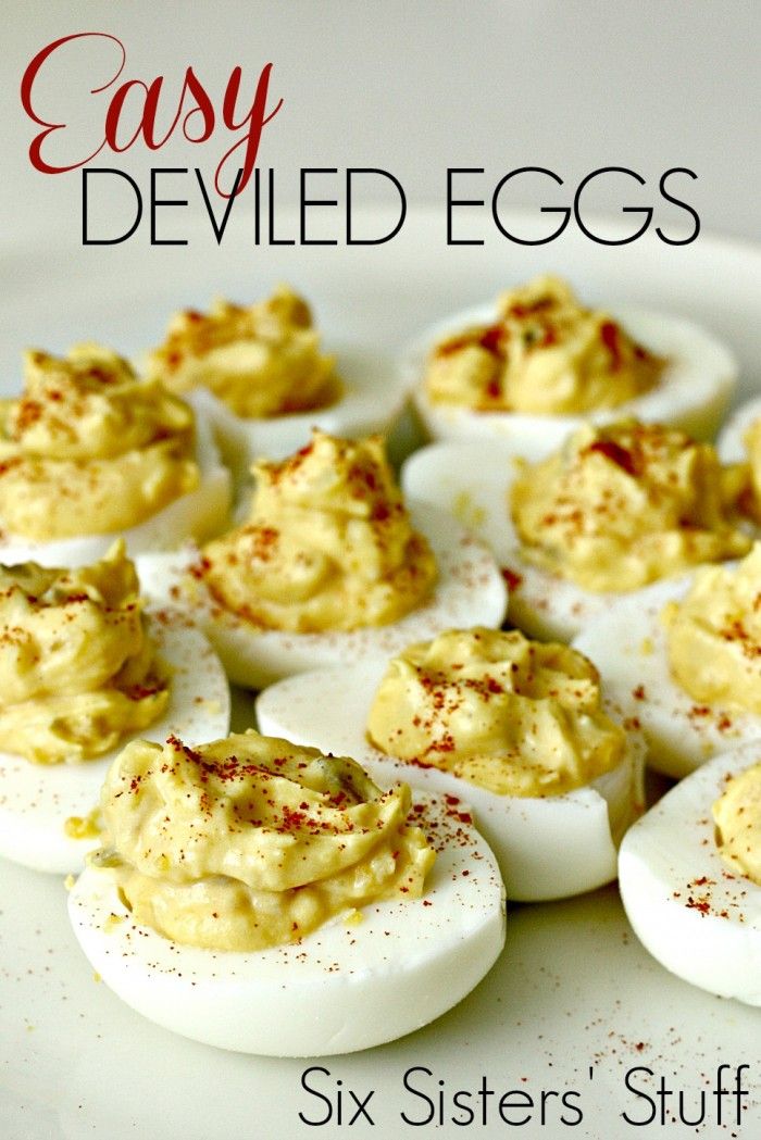 an easy deviled eggs recipe on a white plate with text overlay that reads six sisters stuff