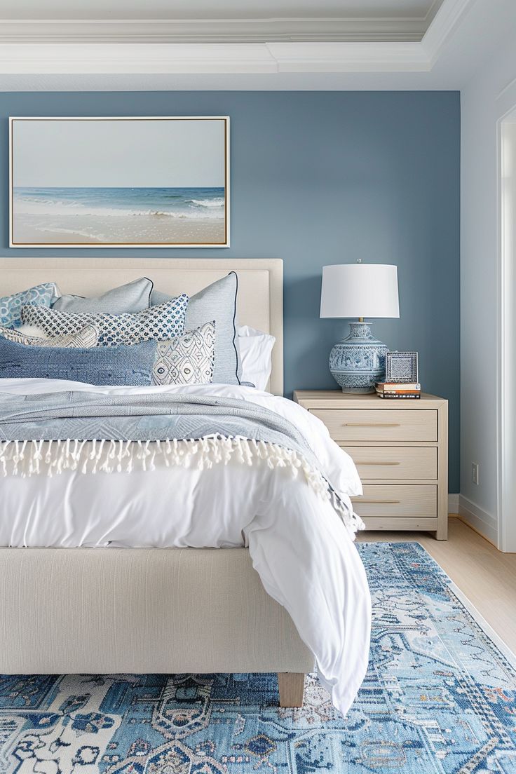 a bedroom with blue walls, white bedding and an area rug on the floor