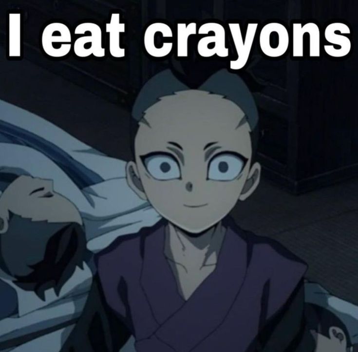 an anime character with the words i eat crayons in front of him and his face