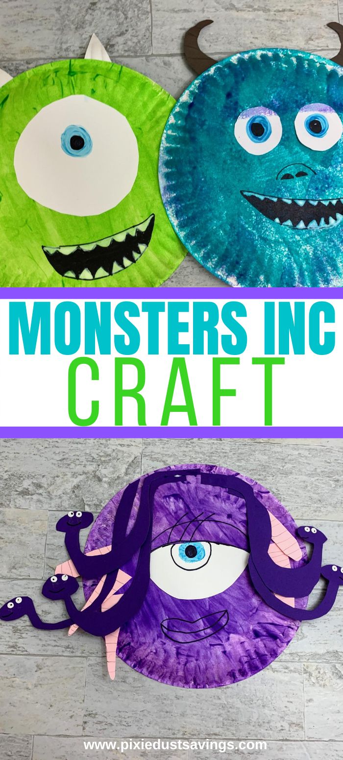 two paper plates with monsters on them and the words monsters inc craft written in blue