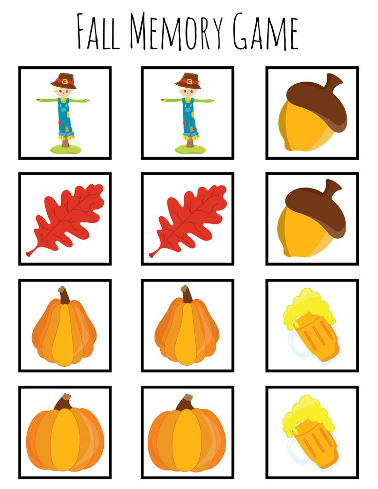 the fall memory game with pictures of leaves and acorns