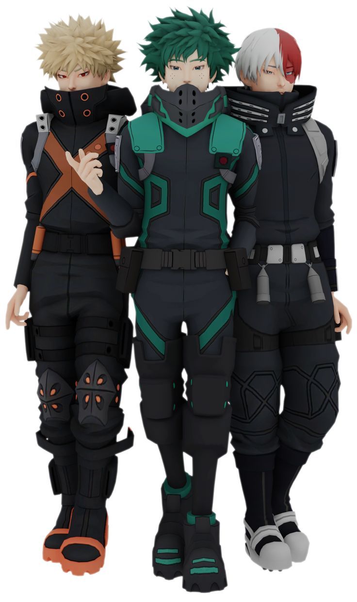 three anime characters standing next to each other wearing black and green outfits with orange accents