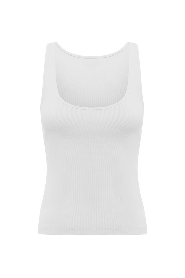 A classic wardrobe essential, the Axel Scoop Tank is ribbed for a close fit and blended with stretch for comfort. It features an elegant scooped neckline and high back. It will look just as chic styled on its own as it will layered underneath an oversized shirt. Heavy ribbing Scoop neckline High back neckline Over-the-head entry Embroidered POSSE emblem on centre back Material: 95% Cotton and 5% Elastane Made in a SEDEX certified factory Elegant Fitted Tank Top With Scoop Back, Classic Fitted Tank Top With Scoop Neck, Classic Fitted Scoop Neck Tank Top, Sleek Fitted Tops For Everyday, Elegant White Scoop Neck Tank Top, White Seamless Top With Scoop Back, White Seamless Tops With Scoop Back, White Seamless Scoop Back Top, Elegant Scoop Neck Tank Top