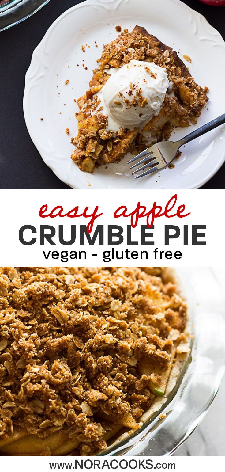 an easy apple crumb pie is served on a white plate