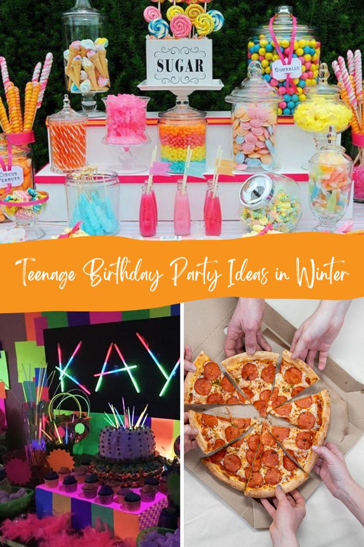 a collage of photos with pizzas, candy and candies on display at a birthday party