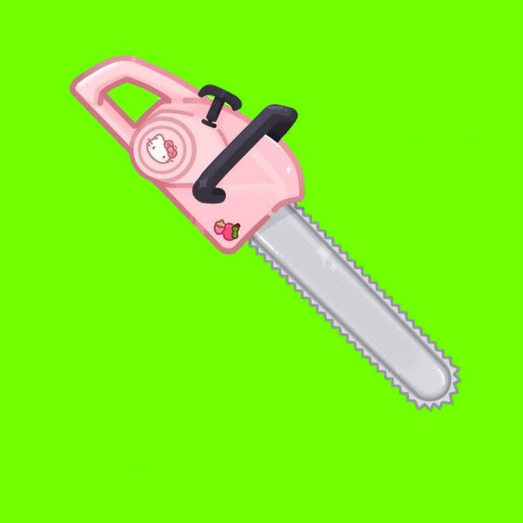 a pink toy chainsaw on a green screen with clippings to the side