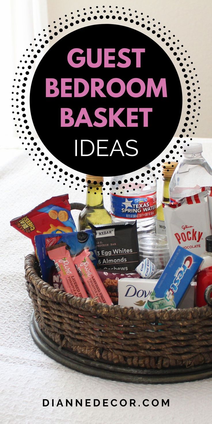 the guest bedroom basket is filled with various items