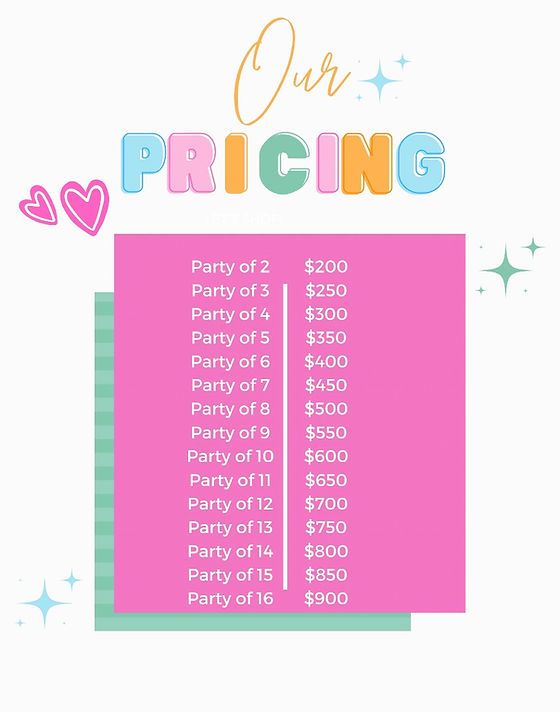 a pink price sheet with the words our pricing on it