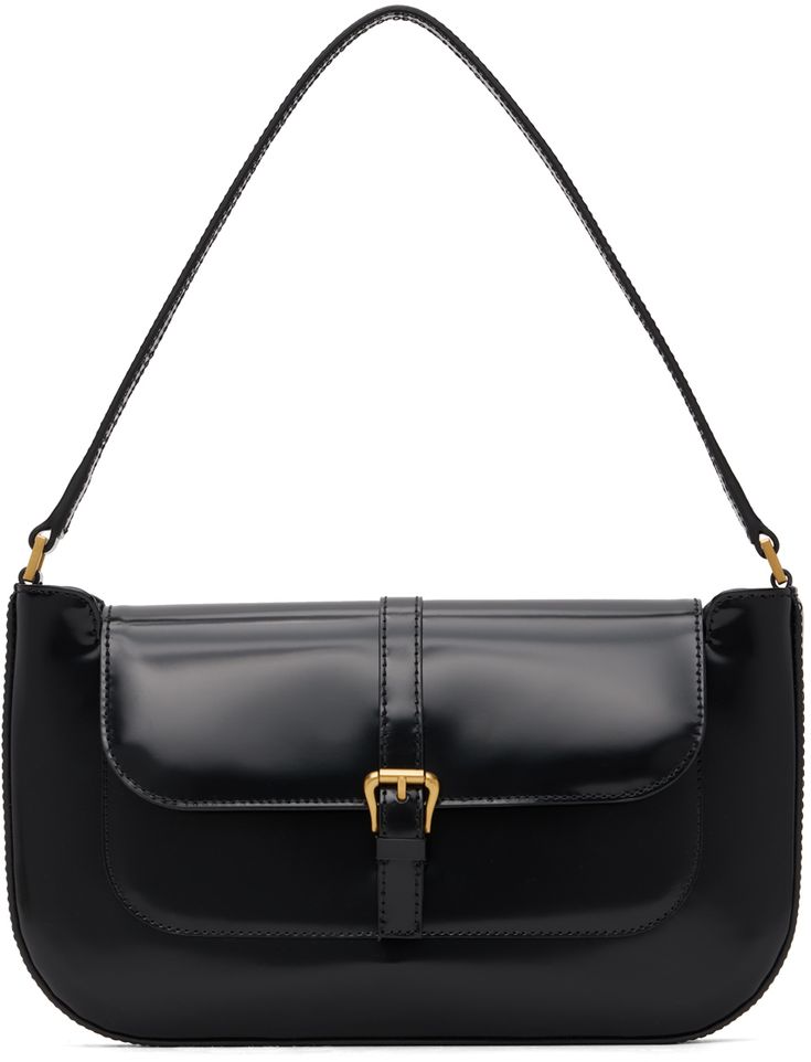 Patent leather shoulder bag in black. · Carry handle · Pin-buckle detailing at face · Foldover flap with magnetic press-stud fastening · Patch pocket at interior · Cotton twill lining · Gold-tone hardware · H6 x W10.8 x D1 in Supplier color: Black Classic Leather Shoulder Bag With Buckle Closure, Classic Leather Bags With Buckle Closure, Classic Leather Bag With Buckle Closure, Formal Top Handle Shoulder Bag With Buckle Closure, Classic Black Shoulder Bag With Buckle Closure, Classic Flap Shoulder Bag With Buckle Closure, Leather Flap Bag With Buckle Closure, Leather Bag With Buckle Closure And Flap, Black Top Handle Shoulder Bag With Buckle Closure