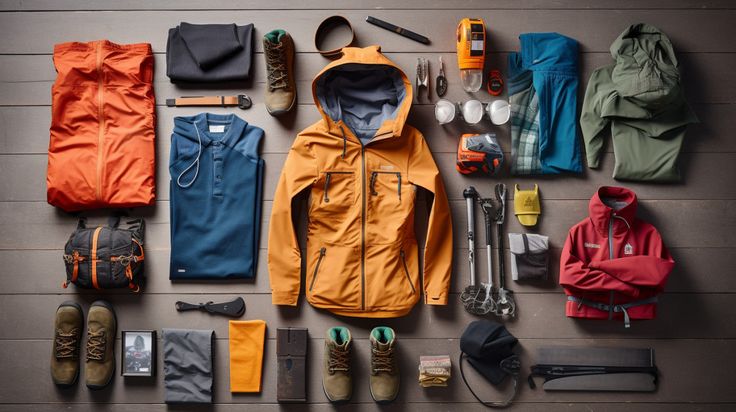 an assortment of hiking gear laid out on a wooden floor