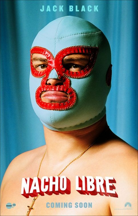 a man wearing a mask with the words nacho libre coming soon