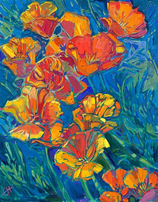 an oil painting of orange flowers on a blue background