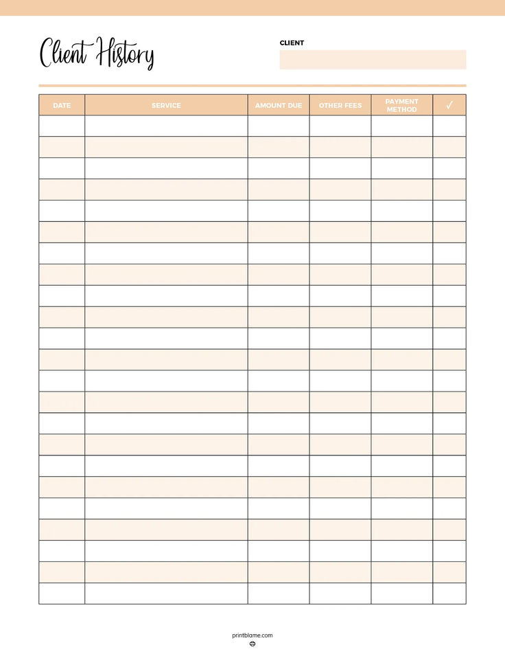 Client payment history tracker with columns for date, service, amount due, other fees, payment method, and a checkbox for payment confirmation. Small Business Tracking Forms, Payment Schedule Template, Record Keeping For Small Business, Client List Template, Raffle Ideas For Small Business, Payment Tracker Printables Free, Spreadsheet Template Business, Business Spreadsheets, Client Record Card