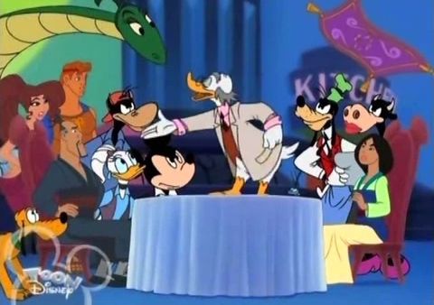 cartoon characters sitting at a table with a dragon in the middle and other people standing around