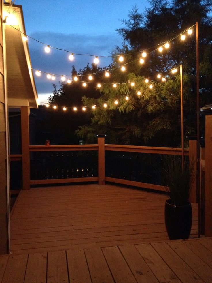 a deck with lights strung over it and a potted plant in the foreground