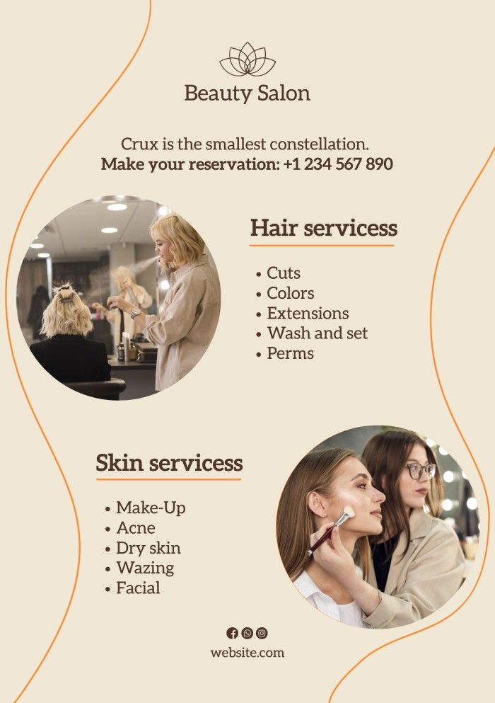 a flyer for a hair salon with two women talking on the phone and another woman getting her