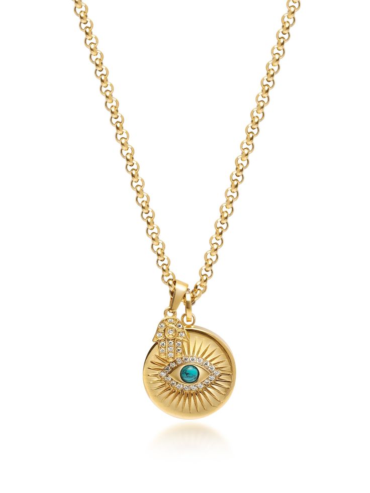 Necklace in Stainless Steel with Gold Finish Clear CZ Diamonds Product Code: MNEC_154 Designer's NotesA necklace full of protecting properties, this stunning piece features an evil eye and hamsa hand layered. The evil eye is believed to ward off any evil energies while the hamsa hand offers protection for its wearer. Please note that all our pieces are crafted by hand and one-of-a-kind, and may therefore vary slightly in size, shape, and color. Healing Powers Bali Turquoise Bali Turquoise combin Amulet Style Necklace With Detachable Round Pendant, Gold Plated Charms Necklace With Round Shape, Gold Plated Oval Necklace With Charms, Round Gold Plated Charms Necklace, Round Charms Amulet Necklace, Gold Plated Necklace With Detachable Round Pendant, Round Charm Necklace With Detachable Pendant, Hamsa Hand Necklace, Jewelry Evil Eye