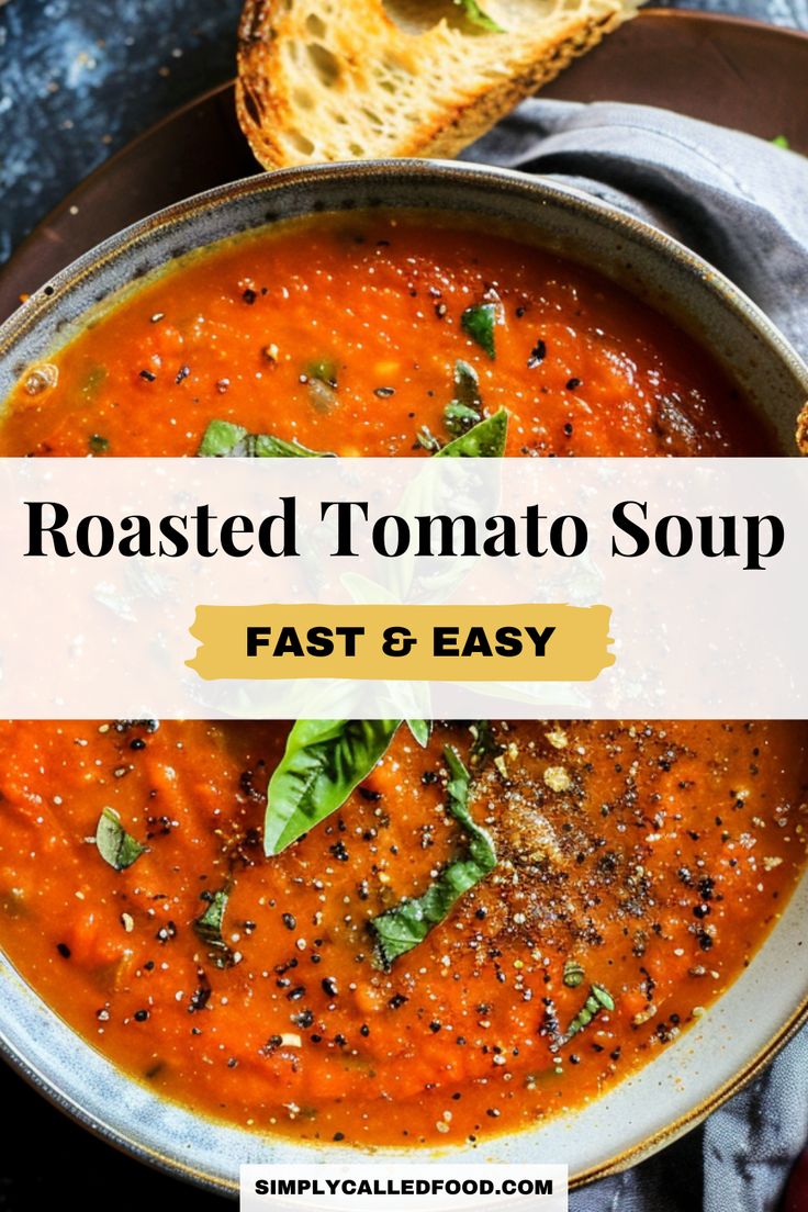 roasted tomato soup in a bowl with bread on the side and text overlay reading roasted tomato soup fast & easy