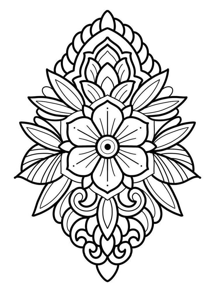 a black and white drawing of a flower with leaves in the center, on a white background